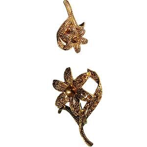 Vintage Set of Two Floral Brooch Flower Stem Pin Two Piece Set Topaz Bronze